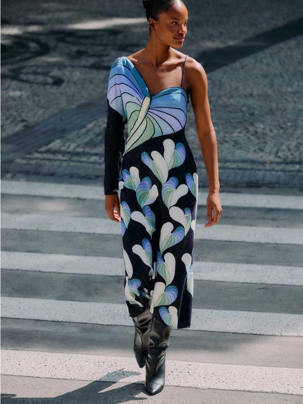 Farm Rio , Black Lovely Anthurium One-Shoulder Maxi Dress